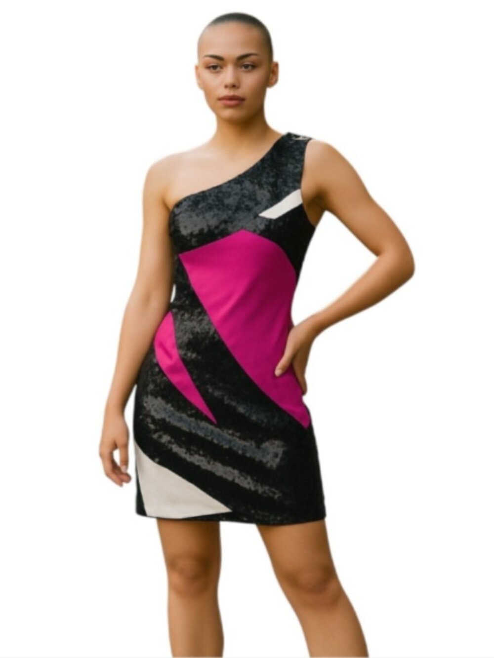 NEW Jay Godfrey Size 6 Silk Dress One Shoulder Lined Color Block Black Sequins